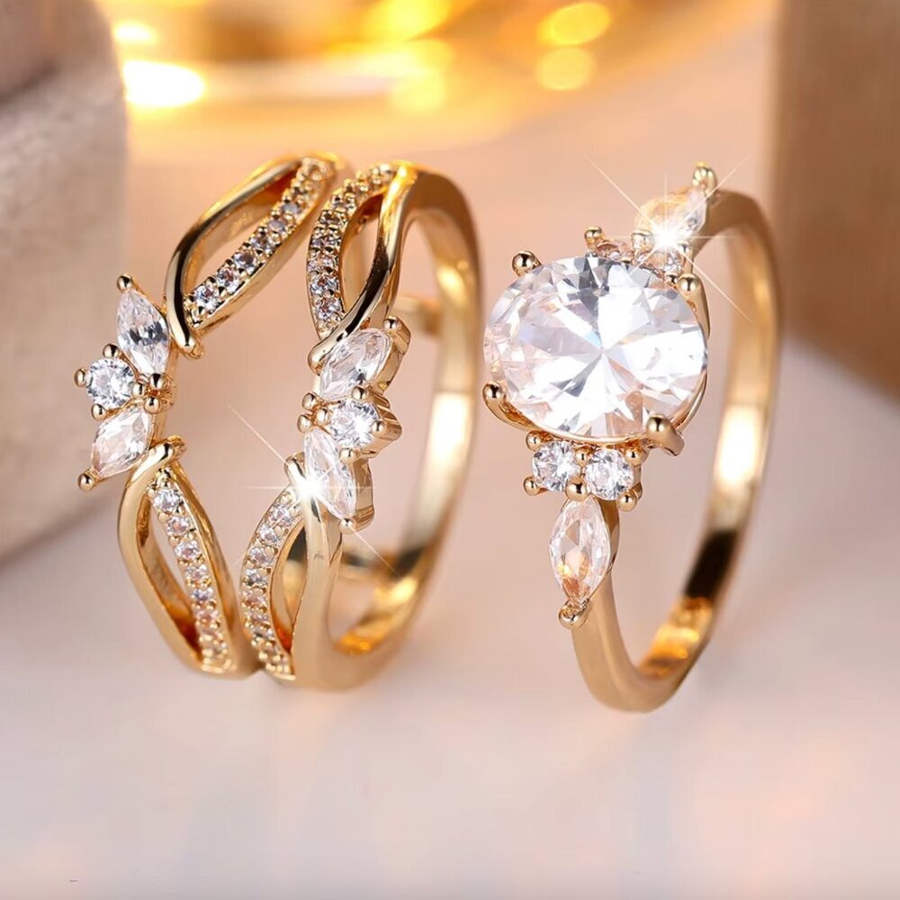 NEW 14k Yellow Gold Oval Cut Diamond Ring Set of 3 Rings